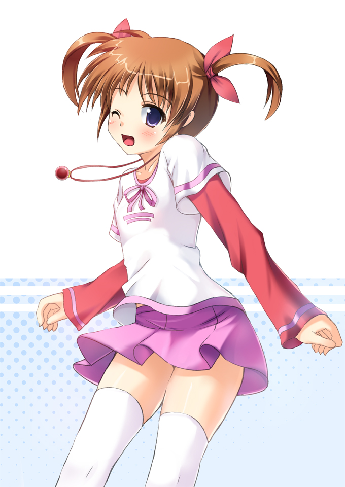 brown_hair casual hair_ribbon jewelry mahou_shoujo_lyrical_nanoha necklace odaya odayan purple_eyes raising_heart ribbon short_twintails skirt takamachi_nanoha thigh-highs thighhighs twintails violet_eyes white_legwear wink zettai_ryouiki