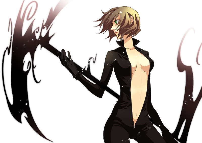 bikesuit bodysuit brown_hair celty_sturluson center_opening cranberry_hearts dullahan durarara!! green_eyes midriff navel open_clothes open_shirt scythe shirt spoilers unzipped