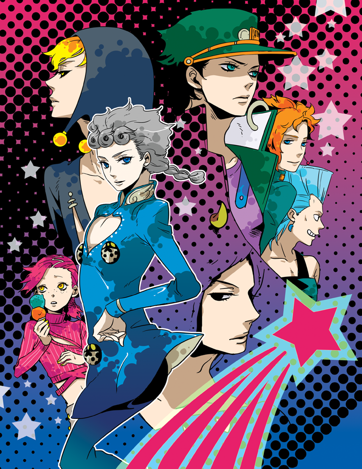 aqua_eyes black_eyes black_sclera blonde_hair blue_eyes blue_hair braid chest earrings gakuran giorno_giovanna green_hair grey_hair grin halftone halftone_background hat horns jean_pierre_polnareff jewelry jojo's_bizarre_adventure jojo_no_kimyou_na_bouken kakyoin_noriaki kakyouin_noriaki katori kujo_jotaro kuujou_joutarou ladybug male midriff orange_hair pink_hair ponytail risotto_nero school_uniform smile star sweater vinegar_doppio weather_report yellow_eyes