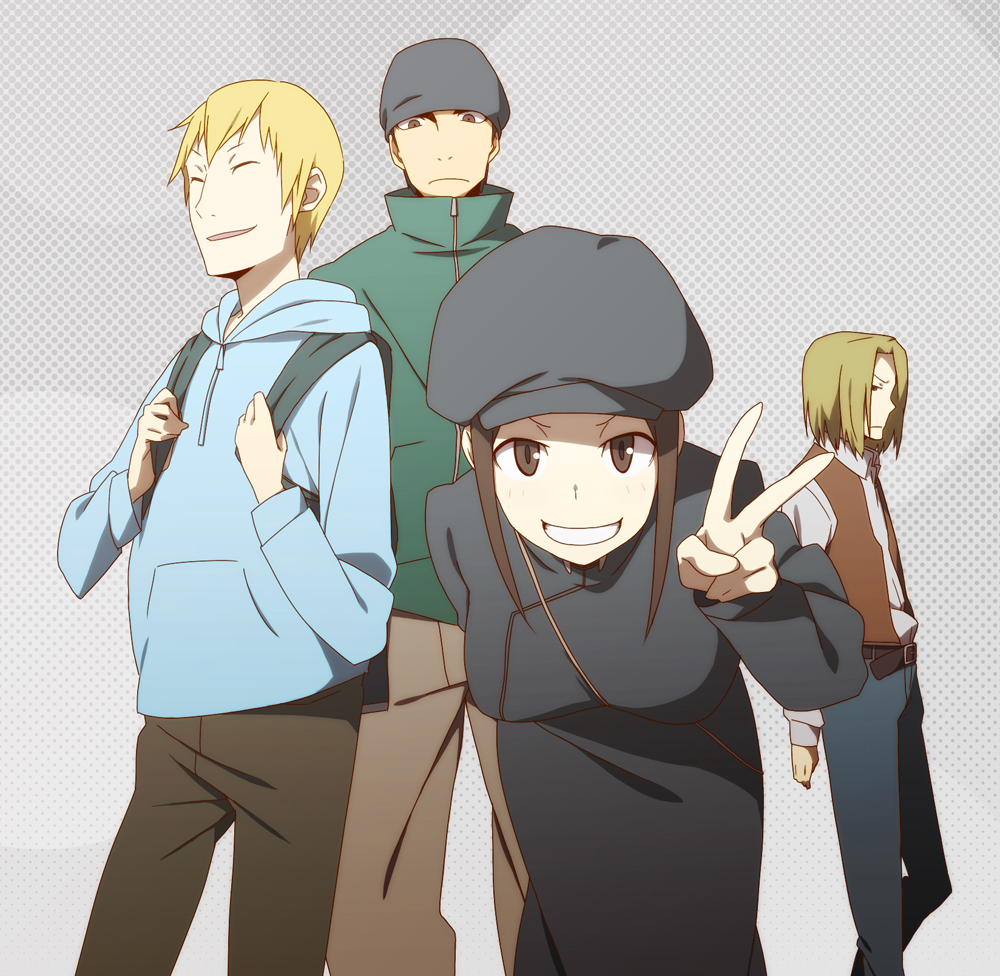 bag belt blonde_hair breasts brown_eyes brown_hair closed_eyes coat durarara!! hat hoodie jacket kadota_kyouhei karisawa_erika large_breasts natsuki_heru togusa_saburou v vest yumasaki_walker