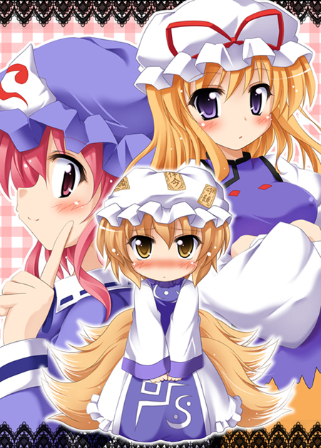 3girls blonde_hair blue_eyes blush exe_(xe) hat hat_ribbon multiple_girls pink_eyes pink_hair ribbon saigyouji_yuyuko smile tail touhou yakumo_ran yakumo_yukari yellow_eyes young