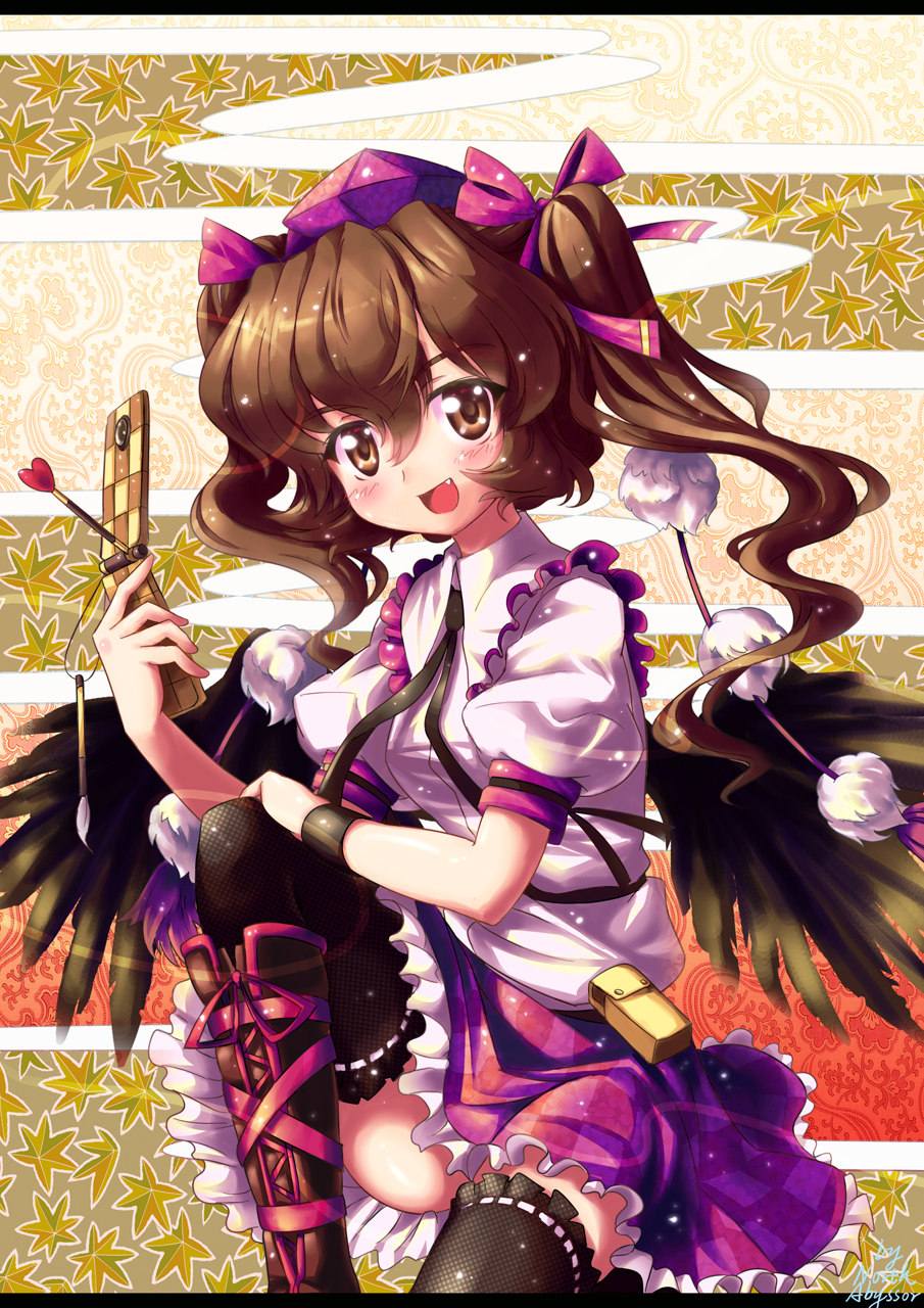abyss_of_parliament black_legwear boots brown_eyes brown_hair cellphone checkered checkered_skirt fang hat highres himekaidou_hatate long_hair north_abyssor phone skirt solo thigh-highs thighhighs tokin_hat touhou twintails wings