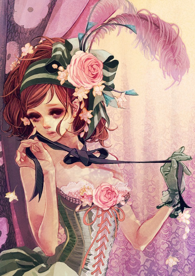 brown_eyes brown_hair corset flower hair_ornament matsuo_hiromi original ribbon rose single_glove solo victorian