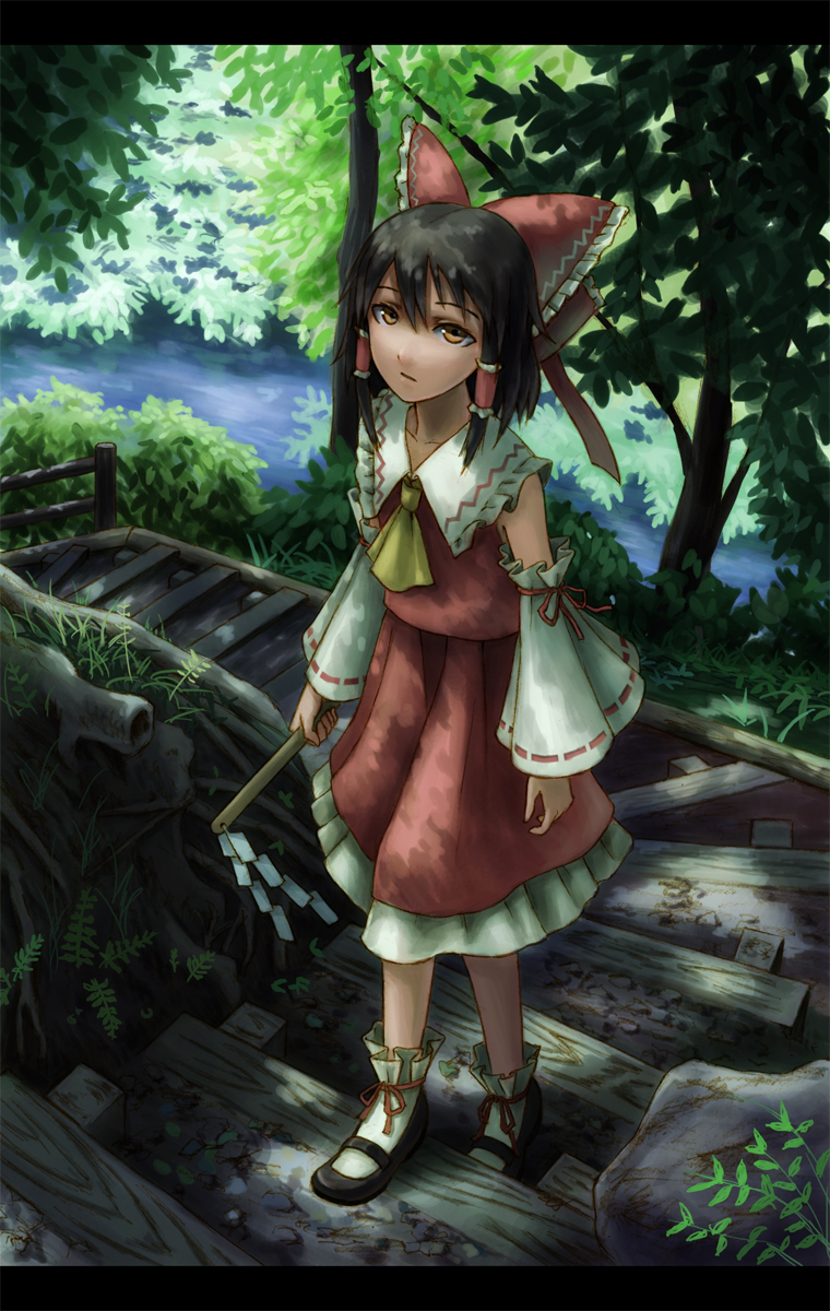 bad_id black_hair bow brown_eyes detached_sleeves face forest gohei hakurei_reimu highres japanese_clothes kurione_(pixiv) kurione_(zassou) letterboxed mary_janes miko nature ribbon shade shoes stairs touhou tree walking water