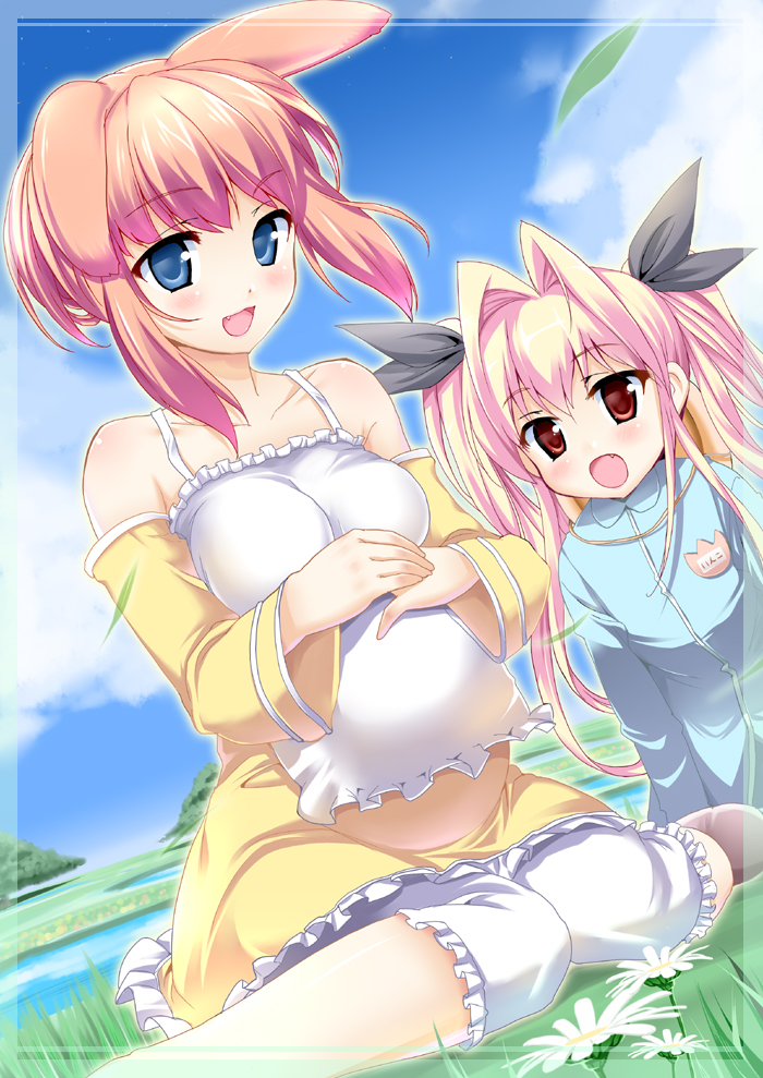 2girls age_difference animal_ears blonde_hair blue_eyes blush border breasts bunny_ears child dress family fang female flower large_breasts mother multiple_girls original payot pikazo pink_hair pregnant shiny shiny_skin short_hair sitting wariza