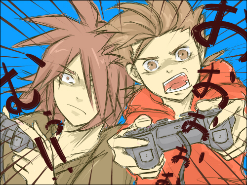brown_eyes brown_hair controller fang father_and_son hair_over_one_eye kratos_aurion lloyd_irving male open_mouth playstation short_hair simple_background tales_of_symphonia translation_request video_game