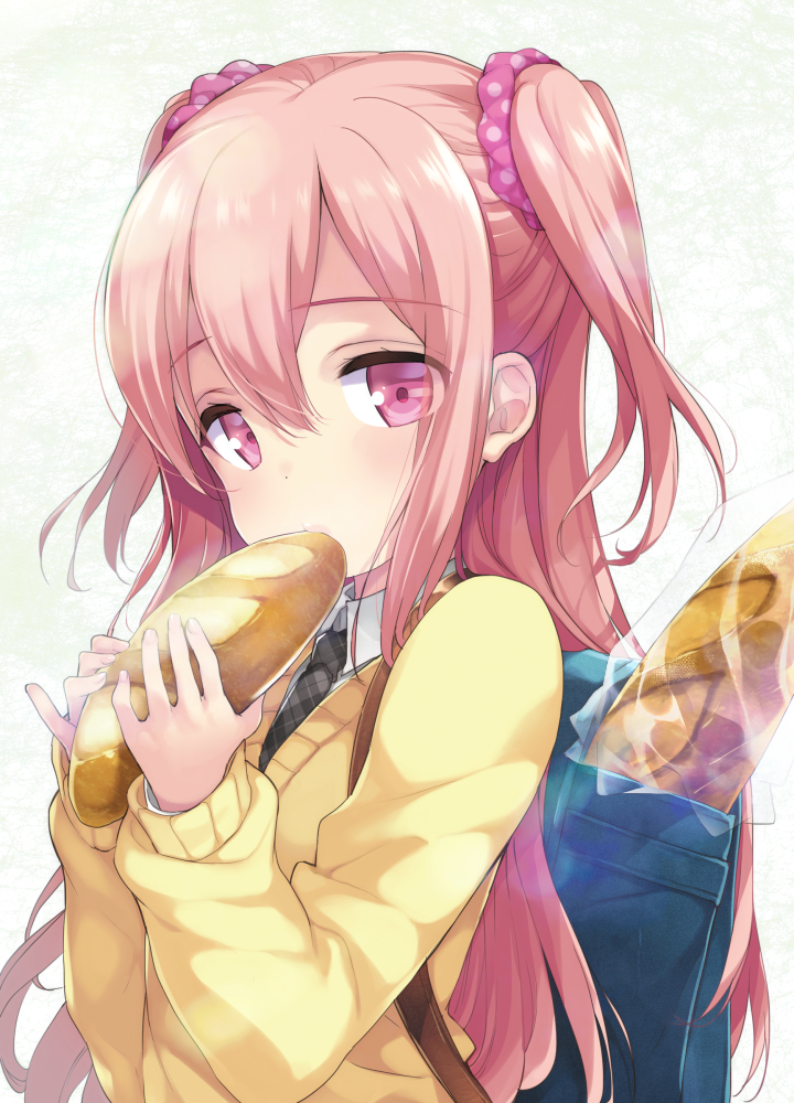 1girl backpack bag bread emily_(pure_dream) eyebrows_visible_through_hair food hair_between_eyes long_hair looking_at_viewer necktie original pink_eyes pink_hair solo sweater two_side_up upper_body