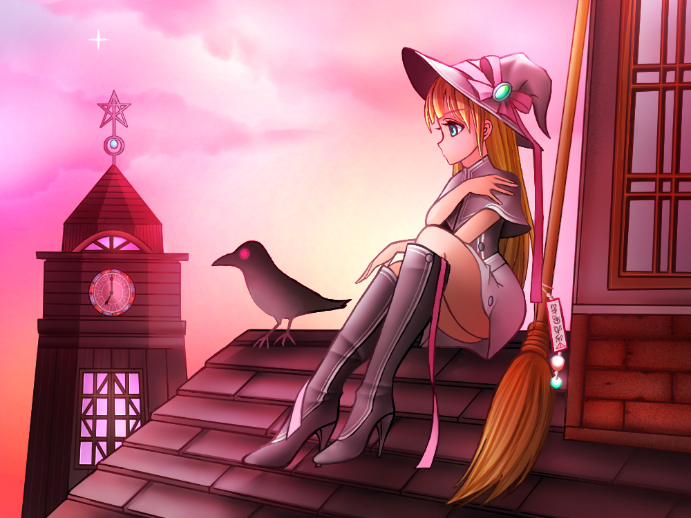 1girl akagiponnu bird blonde_hair blue_eyes boots capelet clock clock_tower fantasy gradient_sky hat high_heel_boots high_heels knee_boots long_hair looking_to_the_side on_roof original outdoors ribbon rooftop sitting skirt sky tower witch witch_hat wizard