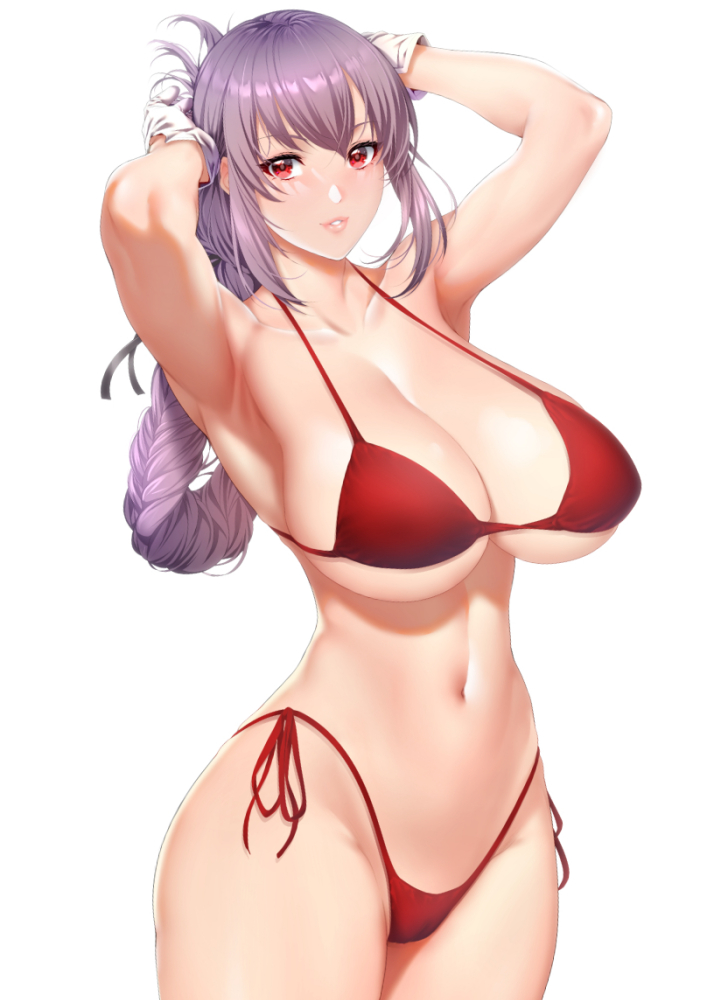 1girl adjusting_hair armpits arms_up bikini braid breasts curvy fate/grand_order fate_(series) florence_nightingale_(fate) gloves large_breasts lips navel purple_hair red_bikini red_eyes shiny shiny_hair side-tie_bikini smile solo standing swimsuit thick_thighs thighs under_boob undersized_clothes zucchini