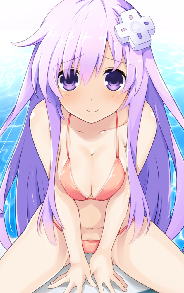 1girl bare_shoulders bikini blush d-pad d-pad_hair_ornament hair_ornament iwashi_dorobou_-r- navel nepgear neptune_(series) orange_bikini purple_hair simple_background smile solo swimsuit violet_eyes water