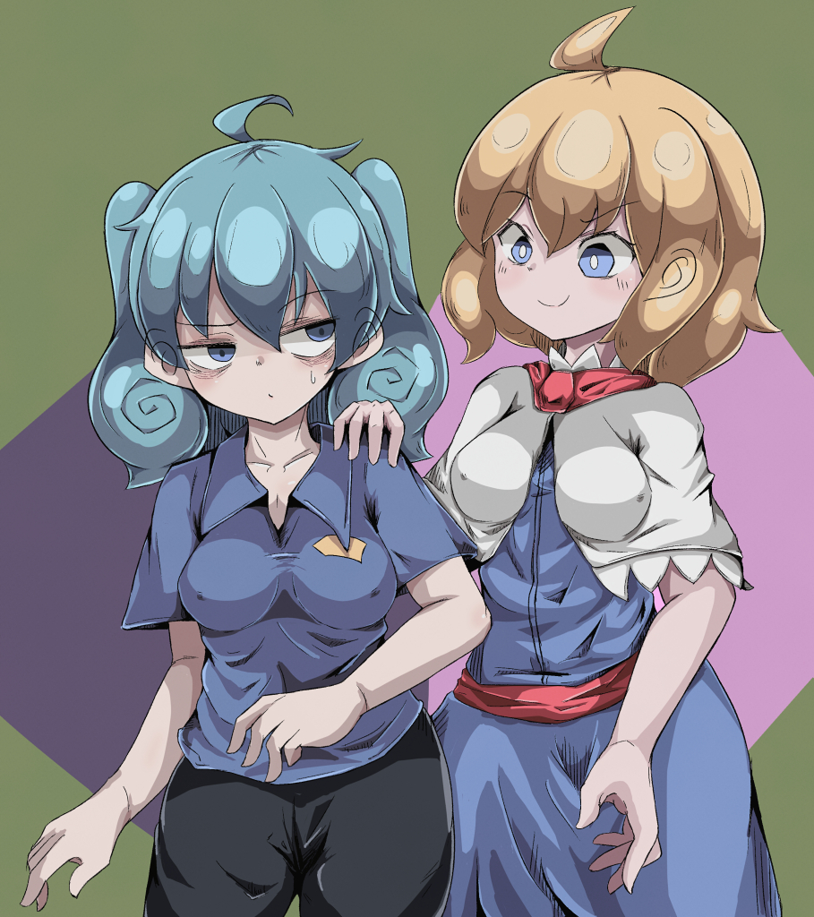 2girls ahoge alice_margatroid bags_under_eyes bangs best_buy black_pants blonde_hair blue_dress blue_eyes blue_hair blue_shirt breasts capelet closed_mouth collared_shirt commentary_request cookie_(touhou) cowboy_shot dress eyebrows_visible_through_hair hair_between_eyes hand_on_another's_shoulder kawashiro_nitori kofji_(cookie) looking_at_another looking_to_the_side medium_breasts medium_hair multiple_girls pants red_neckwear red_sash sash shirt short_hair smile touhou two_side_up wadachi_(nicoseiga25631355) web_(cookie) white_capelet