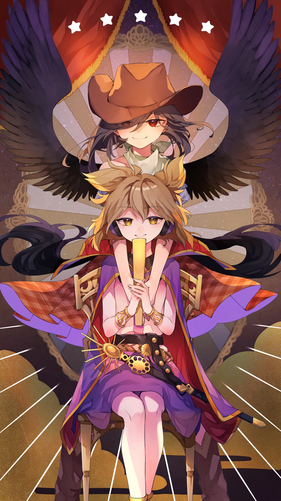 2girls arms_around_neck black_hair black_wings blue_shirt boots bracelet brown_footwear brown_hair brown_headwear commentary_request cowboy_boots cowboy_hat curtains feathered_wings grin hat highres holding jewelry kurokoma_saki long_hair multiple_girls neckerchief on_chair pink_shirt pointy_hair purple_skirt red_eyes risui_(suzu_rks) ritual_baton shirt sitting skirt smile star_(symbol) sword touhou toyosatomimi_no_miko weapon wings yellow_eyes