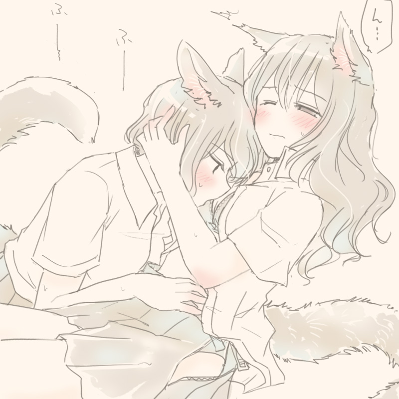 2girls animal_ears beige_background blush bra breast_kiss breasts closed_mouth collared_shirt commentary_request dog_ears dog_girl dog_tail eyebrows_visible_through_hair grey_bra grey_hair grey_skirt hand_on_another's_head long_hair multiple_girls nekoya_saki open_clothes open_shirt original partially_undressed pleated_skirt school_uniform shirt short_sleeves simple_background sitting skirt small_breasts speech_bubble sweat tail underwear undressing_another uneven_eyes white_shirt yuri