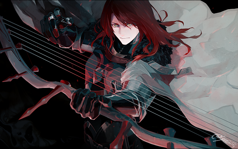 1boy black_background black_gloves bow_(weapon) cape fate/grand_order fate_(series) gloves holding holding_bow_(weapon) holding_weapon long_hair male_focus redhead sei_8220 tristan_(fate) twitter_username weapon yellow_eyes
