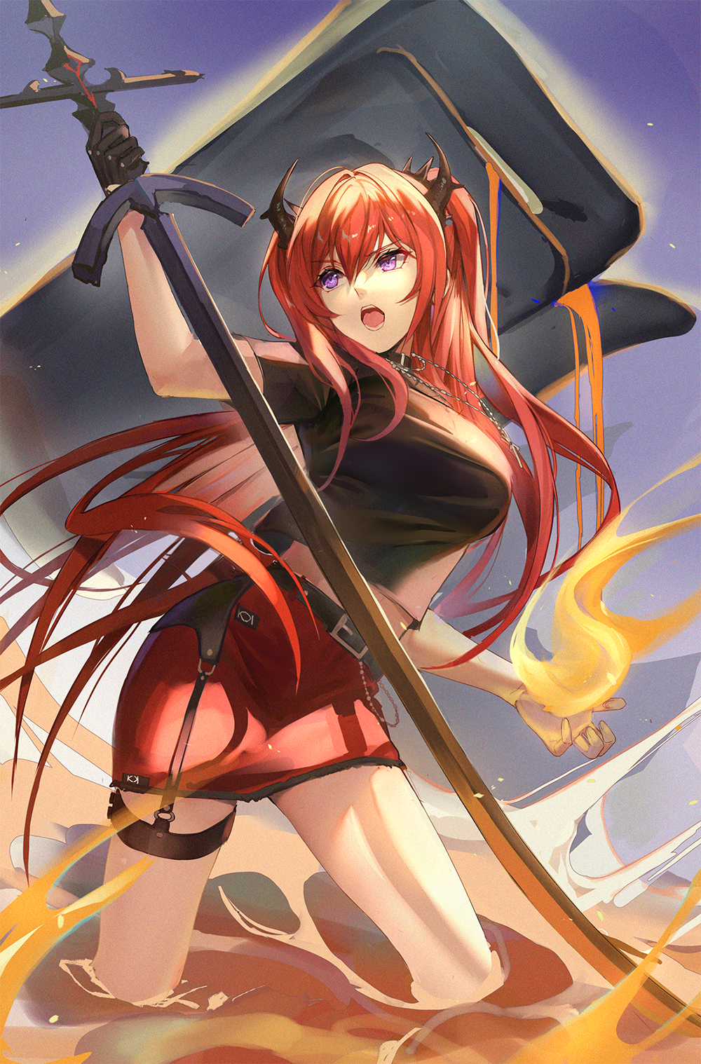 1girl arknights bangs black_gloves breasts commentary fire gloves hair_between_eyes highres holding holding_sword holding_weapon horns kernel_killer large_breasts long_hair midriff_peek miniskirt official_alternate_costume open_mouth originium_arts_(arknights) pencil_skirt red_skirt redhead short_sleeves skirt solo standing surtr_(arknights) surtr_(liberte_echec)_(arknights) sword symbol_commentary thigh_strap thighs very_long_hair violet_eyes weapon