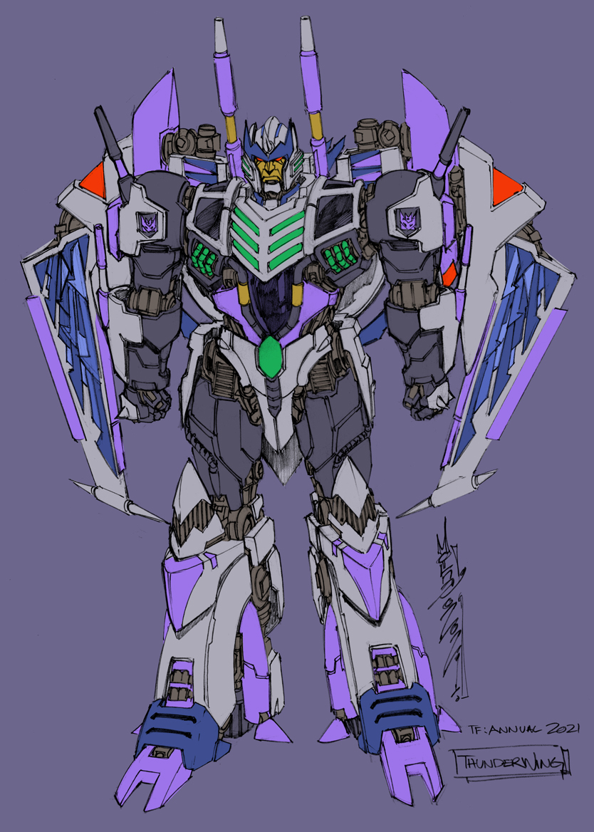 1boy 2021 aircraft airplane alex_milne blue_horns cannon character_name clenched_hands decepticon fighter_jet frown horns jet male_focus mecha mechanical_wings military military_vehicle no_humans official_art purple_background red_eyes science_fiction shoulder_cannon signature symbol the_transformers_(idw) thunderwing_(transformers) transformers wings