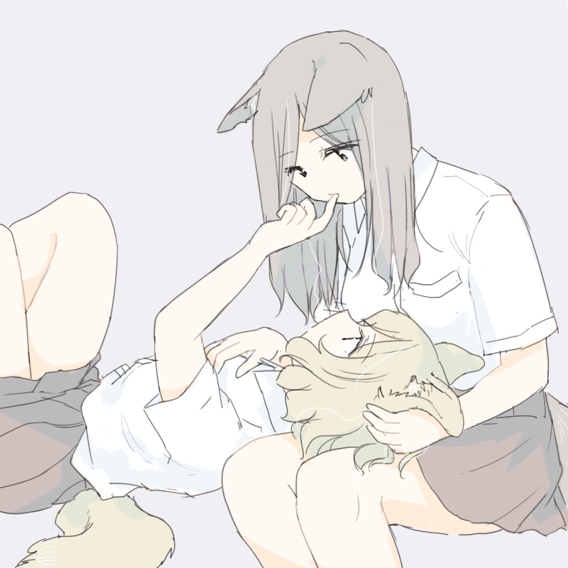 2girls animal_ears bare_legs blonde_hair collared_shirt commentary_request dog_ears dog_girl dog_tail eye_contact eyebrows_visible_through_hair finger_to_another's_mouth grey_background grey_hair grey_skirt hand_on_another's_head hand_on_own_chest knees_up lap_pillow long_hair looking_at_another looking_at_viewer lying multiple_girls nekoya_saki on_back original pleated_skirt school_uniform shirt short_hair short_sleeves simple_background skirt tail white_shirt yuri