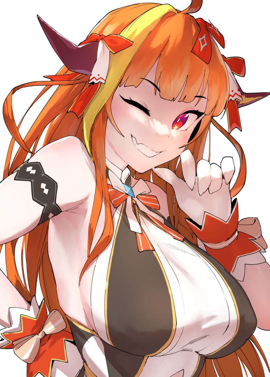 1girl ahoge arm_garter bangs bare_arms bare_shoulders blonde_hair blunt_bangs bow breasts bright_pupils commentary_request dragon_girl dragon_horns eringi25 eyebrows_visible_through_hair fang gloves grin hair_bow hand_up highres hololive hololive_idol_uniform horn_ornament horn_ribbon horns idol idol_clothes kiryu_coco large_breasts long_hair looking_at_viewer multicolored multicolored_eyes multicolored_hair official_alternate_costume one_eye_closed orange_hair red_bow red_eyes red_ribbon ribbon simple_background skin_fang slit_pupils smile solo streaked_hair upper_body violet_eyes virtual_youtuber white_background white_gloves white_pupils wrist_bow wrist_cuffs