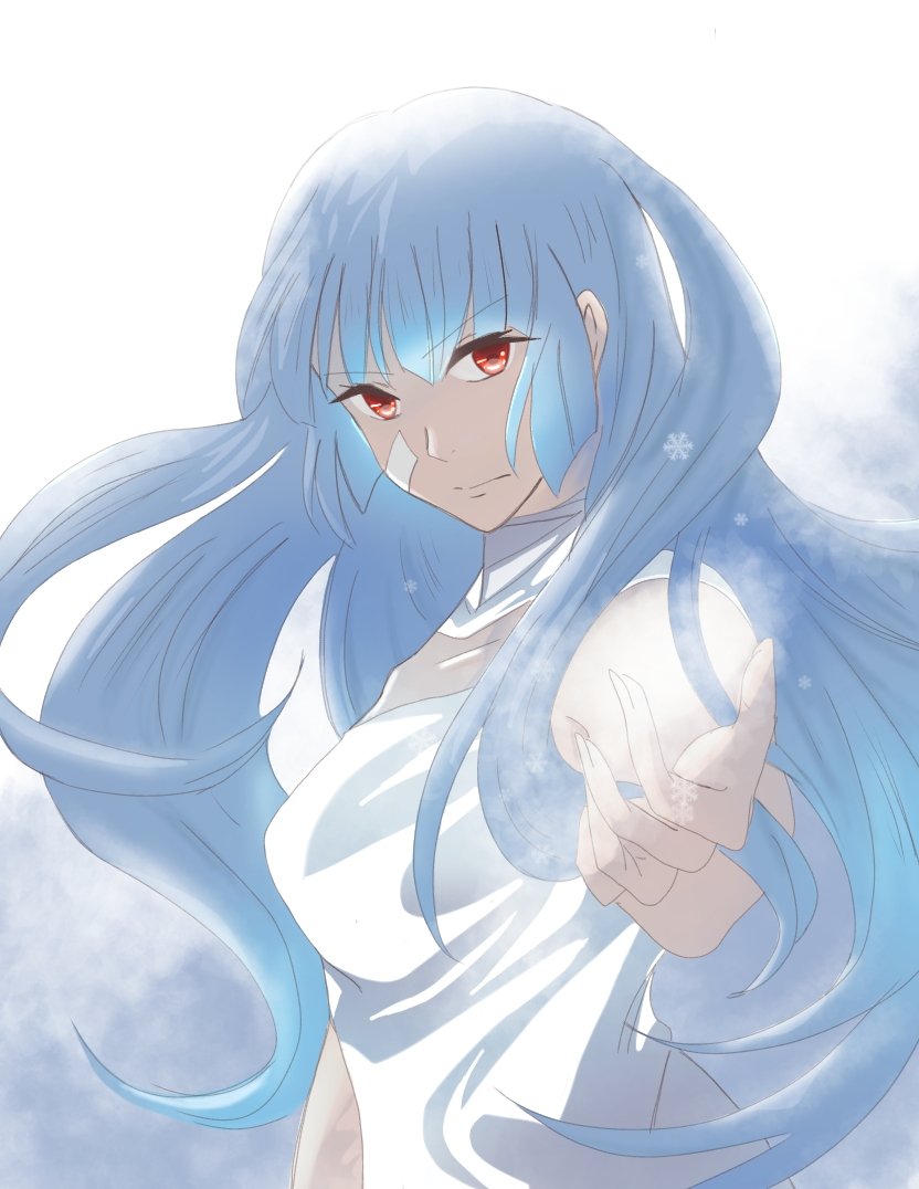 1girl bangs blue_hair breasts dress eyebrows_visible_through_hair kula_diamond long_hair looking_at_viewer simple_background small_breasts snowflakes the_king_of_fighters turtleneck violet_eyes white_background white_dress zdenka_02