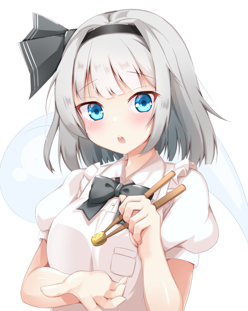 1girl :o arms_up bangs black_neckwear blue_eyes blush bow bowtie breasts chopsticks commentary_request eyebrows_visible_through_hair hair_ribbon head_tilt holding holding_chopsticks incoming_food konpaku_youmu konpaku_youmu_(ghost) looking_at_viewer medium_breasts partial_commentary puffy_short_sleeves puffy_sleeves ribbon rururiaru shirt short_hair short_sleeves silver_hair simple_background solo standing touhou upper_body upper_teeth white_background white_shirt