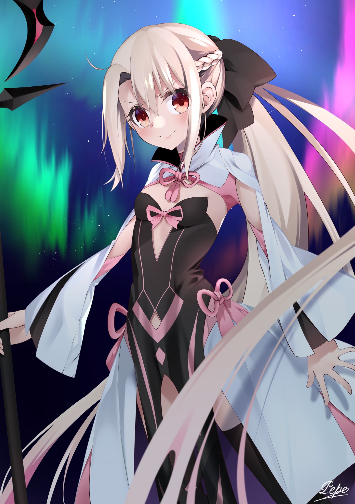 1girl braid breasts center_opening clothing_cutout cosplay crown fate/grand_order fate/kaleid_liner_prisma_illya fate_(series) french_braid highres holding holding_wand illyasviel_von_einzbern magical_girl morgan_le_fay_(fate) morgan_le_fay_(fate)_(cosplay) pei_iriya ponytail red_eyes small_breasts smile solo stomach_cutout two-tone_dress wand