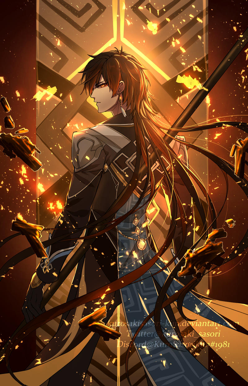 1boy back bangs black_gloves black_hair brown_background brown_hair chinese_clothes coattails debris deviantart_username diamond-shaped_pupils diamond_(shape) earrings eyebrows_visible_through_hair eyeliner eyeshadow floating floating_object formal from_side genshin_impact gloves glowing gradient_hair hair_between_eyes highres holding holding_spear holding_weapon jewelry kurosaki_sasori light long_hair long_pants long_sleeves makeup male_focus multicolored_hair orange_hair pants polearm red_eyeshadow sidelocks signature single_earring solo spear stele suit symbol-shaped_pupils tassel tassel_earrings toned toned_male twitter_username very_long_hair vision_(genshin_impact) weapon yellow_eyes zhongli_(genshin_impact)