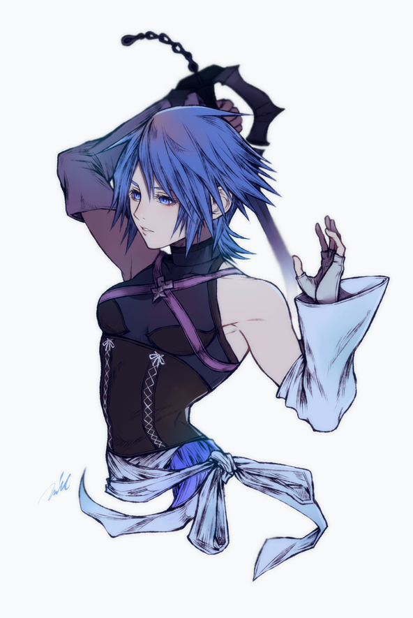 1girl arm_up bangs blue_eyes blue_hair breasts breasts_apart chain cropped_torso detached_sleeves fingerless_gloves gloves hair_between_eyes holding holding_sword holding_weapon kingdom_hearts long_sleeves medium_breasts mim_(mimya0600) parted_lips short_hair signature simple_background solo sora_(kingdom_hearts) spiky_hair sword weapon white_background white_gloves white_sleeves