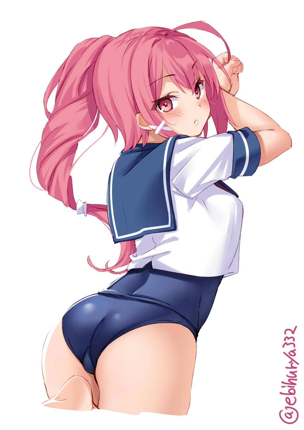 1girl ahoge ass blush ebifurya eyebrows_visible_through_hair from_behind hair_ornament highres i-168_(kancolle) kantai_collection long_hair looking_at_viewer one-piece_swimsuit pink_eyes pink_hair school_swimsuit school_uniform short_sleeves simple_background solo swimsuit swimsuit_under_clothes thighs trefoil twitter_username white_background x_hair_ornament
