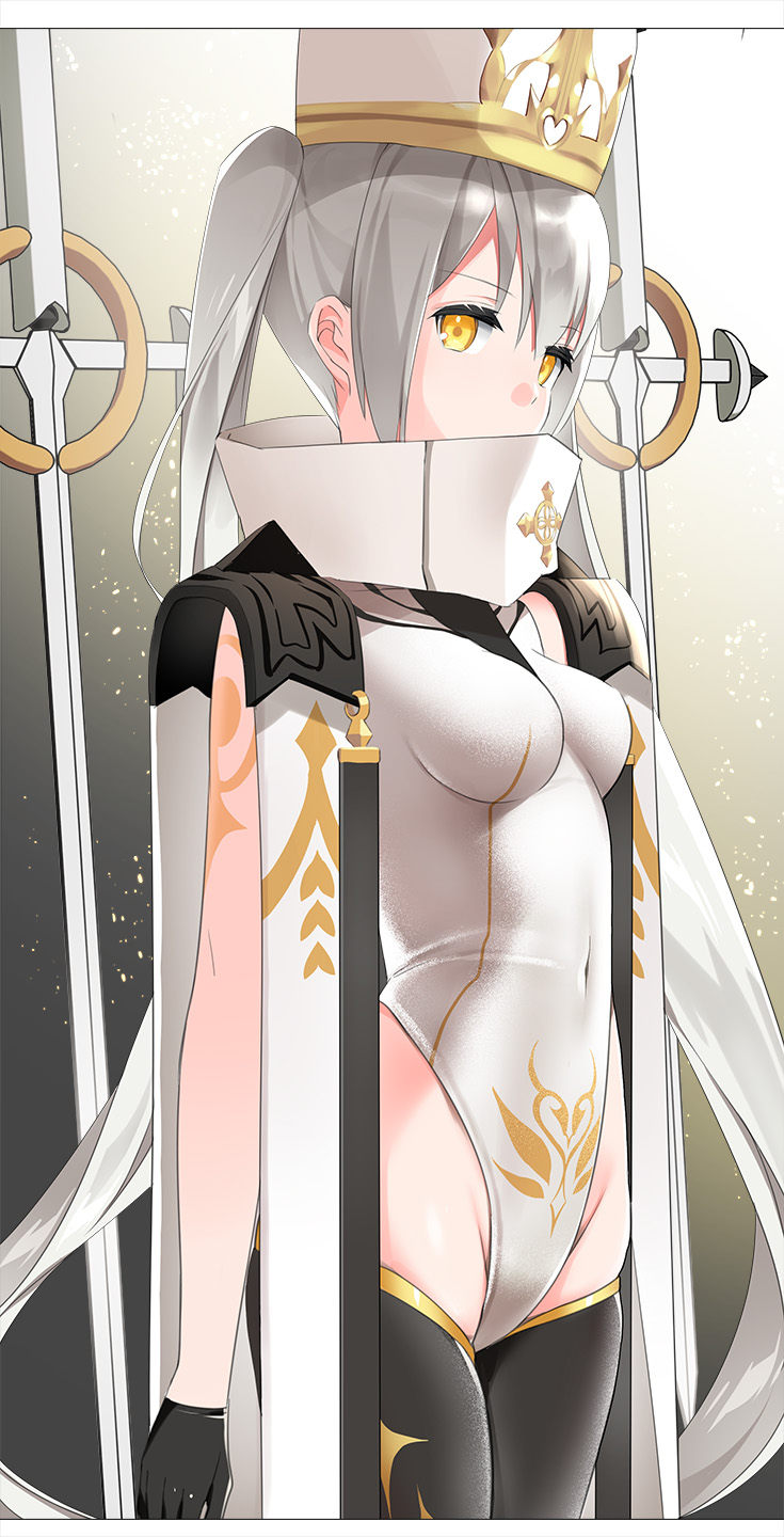 1girl armor azure_(my_harem_grew_so_large_i_was_forced_to_ascend) bangs black_legwear breasts bridal_legwear capelet covered_navel cross fine_fabric_emphasis from_side gloves hat high_collar highleg highleg_leotard highres impossible_clothes impossible_leotard leotard li_zhiheng medium_breasts mitre my_harem_grew_so_large_i_was_forced_to_ascend night shoulder_armor sparkle sword twintails weapon white_hair white_leotard yellow_eyes