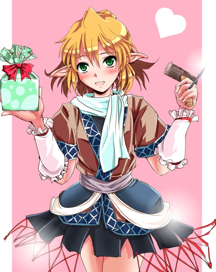 1girl arm_warmers b_dome bangs black_shirt black_skirt blonde_hair blush brown_jacket commentary_request cowboy_shot gift green_eyes hair_between_eyes half_updo hammer heart holding holding_gift holding_hammer jacket layered_clothing looking_at_viewer mallet medium_hair mizuhashi_parsee multicolored multicolored_clothes multicolored_jacket nail open_mouth pink_background pointy_ears sash scarf shirt short_sleeves skirt solo touhou white_sash white_scarf