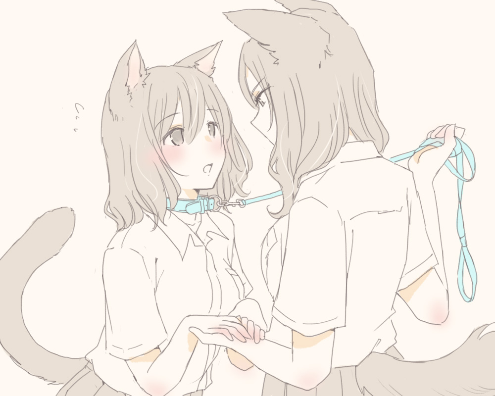 2girls animal_ears beige_background blue_collar blush brown_hair collar collared_shirt commentary_request dog_ears dog_girl dog_tail eye_contact eyebrows_visible_through_hair flying_sweatdrops grey_eyes leash leash_pull limited_palette long_hair looking_at_another medium_hair multiple_girls nekoya_saki open_mouth original pet_play pleated_skirt school_uniform shirt shirt_tucked_in short_sleeves simple_background skirt spot_color tail white_shirt yuri