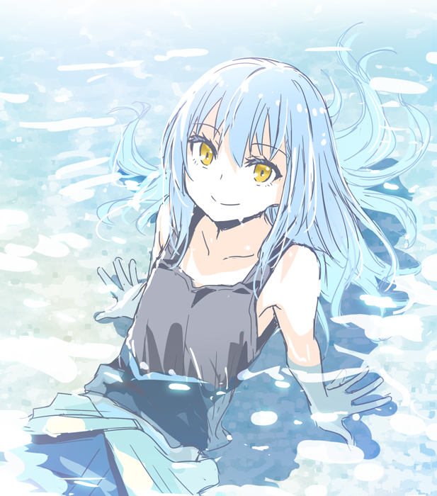 1other arm_support bangs bare_shoulders black_shirt blue_hair closed_mouth collarbone disconnected_mouth eyebrows_visible_through_hair from_above hair_between_eyes long_hair looking_at_viewer mizuki_riko outdoors partially_submerged reclining rimuru_tempest shirt sleeveless smile solo tensei_shitara_slime_datta_ken water yellow_eyes