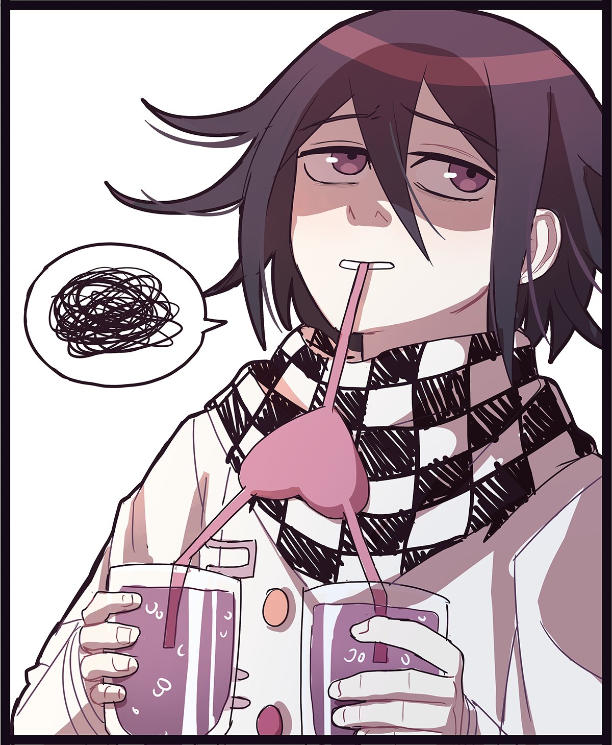 1boy black_border black_hair border checkered checkered_scarf cheer_(cheerkitty14) commentary dangan_ronpa_(series) dangan_ronpa_v3:_killing_harmony drinking_straw english_commentary glass hair_between_eyes heart highres holding looking_up male_focus ouma_kokichi scarf soda solo spoken_squiggle squiggle straitjacket teeth upper_body violet_eyes white_background