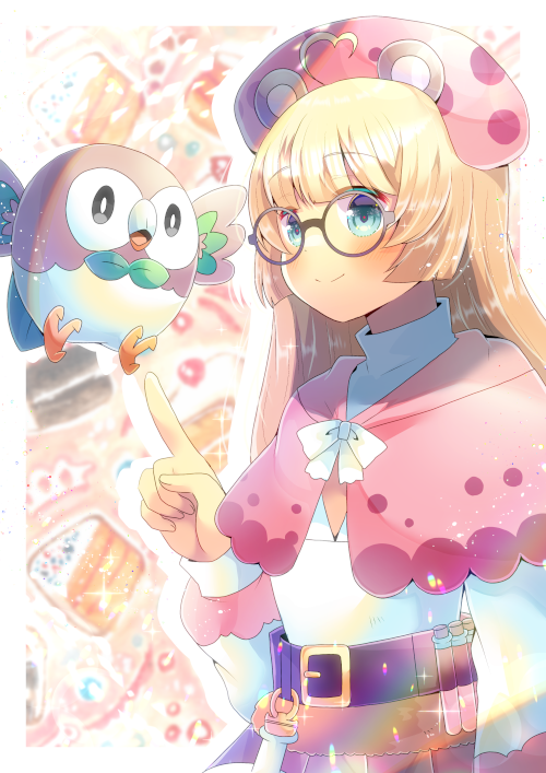 1girl ahoge animal_ears bear_ears belt belt_buckle beret black_belt blonde_hair blue_eyes blurry blurry_background blush brown-framed_eyewear buckle capelet character_request closed_mouth commentary_request commission crossover depth_of_field gen_7_pokemon glasses hand_up hat heart_ahoge index_finger_raised indie_virtual_youtuber kouu_hiyoyo long_hair long_sleeves pink_capelet pink_headwear pokemon pokemon_(creature) puffy_long_sleeves puffy_sleeves round_eyewear rowlet shirt skeb_commission smile starter_pokemon very_long_hair vial virtual_youtuber white_shirt