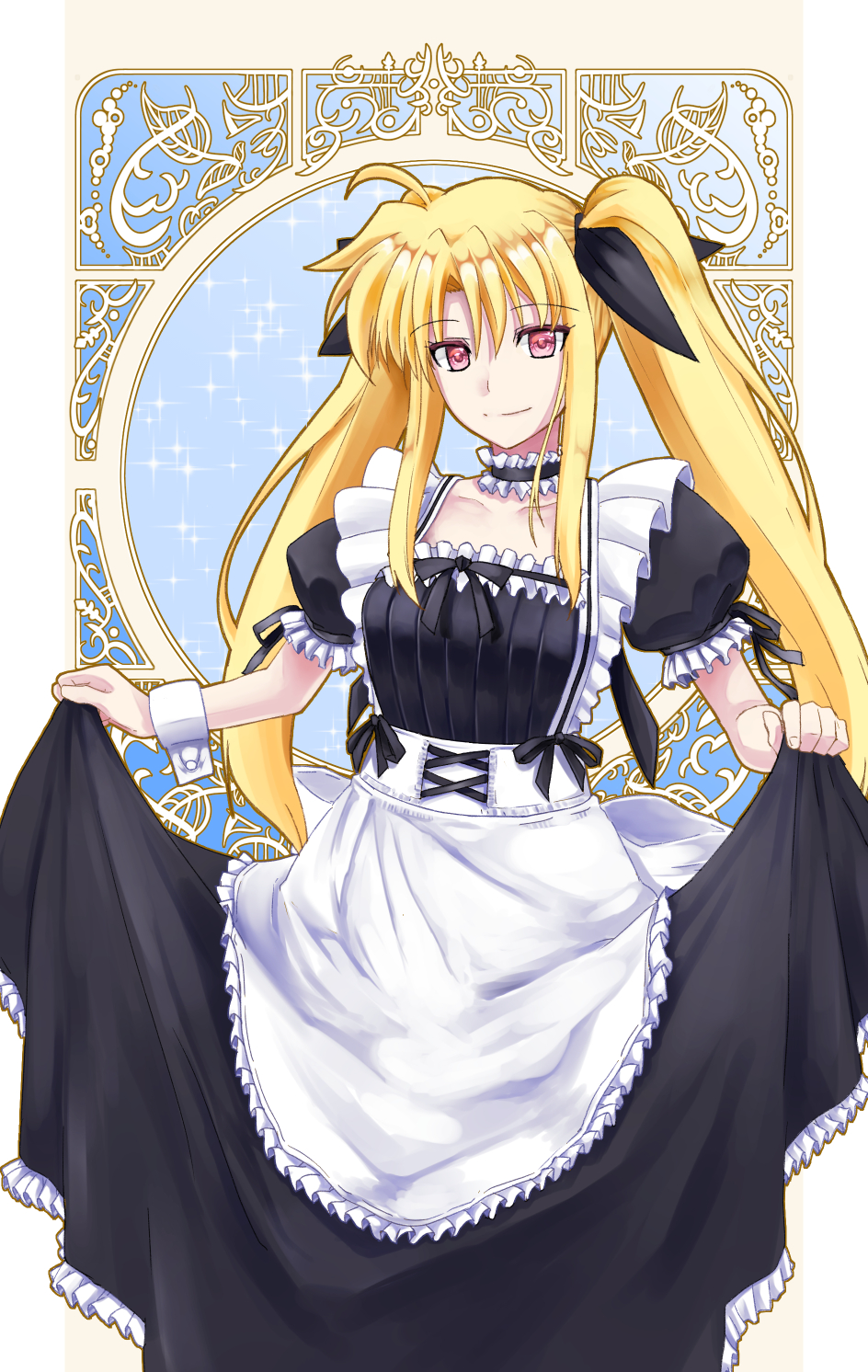 1girl ahoge alternate_costume apron black_ribbon choker clothes_lift enmaided eyebrows_visible_through_hair fate_testarossa frilled_apron frilled_skirt frills hair_between_eyes highres lace lace-trimmed_sleeves lace_choker lace_trim long_hair looking_at_viewer lyrical_nanoha mahou_shoujo_lyrical_nanoha maid maid_apron puffy_sleeves ribbon skirt skirt_lift smile solo sougetsu_izuki twintails white_background wrist_cuffs