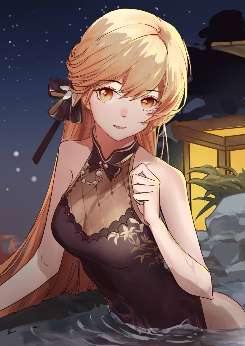 1girl black_ribbon blonde_hair china_dress chinese_clothes dress eyebrows_visible_through_hair girls_frontline hair_ribbon long_hair looking_at_viewer night official_alternate_costume open_mouth ots-14_(girls_frontline) partially_submerged ribbon sao7 sky sleeveless sleeveless_dress star_(sky) starry_sky upper_body yellow_eyes