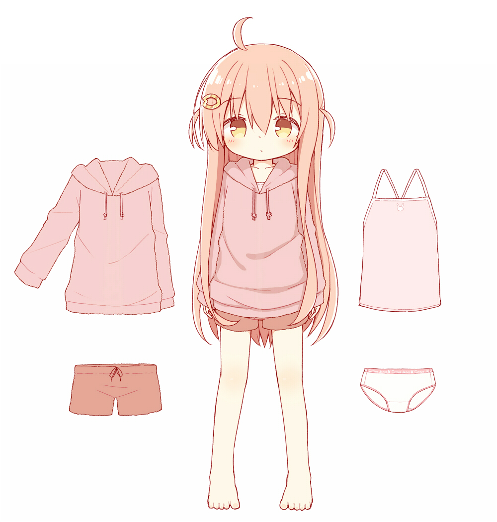 1girl ahoge ayanepuna bangs barefoot blush brown_eyes brown_hair brown_shorts camisole closed_mouth collarbone commentary_request drawstring eyebrows_visible_through_hair full_body hair_between_eyes hair_ornament hairclip hood hood_down hoodie ii_(ayanepuna) long_hair long_sleeves looking_at_viewer original panties pink_camisole pink_hoodie short_shorts shorts simple_background sleeves_past_wrists solo standing two_side_up underwear very_long_hair white_background white_panties