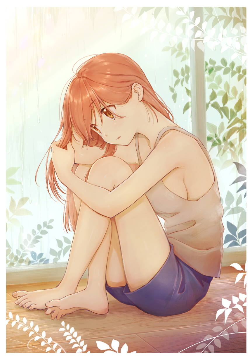 1girl bare_legs barefoot blue_shorts breasts feet from_side full_body highres kawai_makoto knees_up long_hair on_floor orange_eyes orange_hair original playing_with_own_hair shorts sideboob sitting solo tank_top wooden_floor