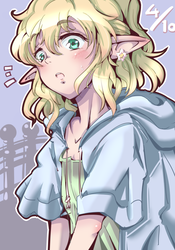 1girl alternate_costume b_dome bangs blonde_hair blush commentary_request dated earrings eyebrows_visible_through_hair flower_earrings green_eyes green_shirt grey_hoodie hair_between_eyes half_updo hood hoodie jewelry looking_at_viewer medium_hair mizuhashi_parsee notice_lines open_clothes open_hoodie open_mouth pointy_ears shirt solo touhou upper_body