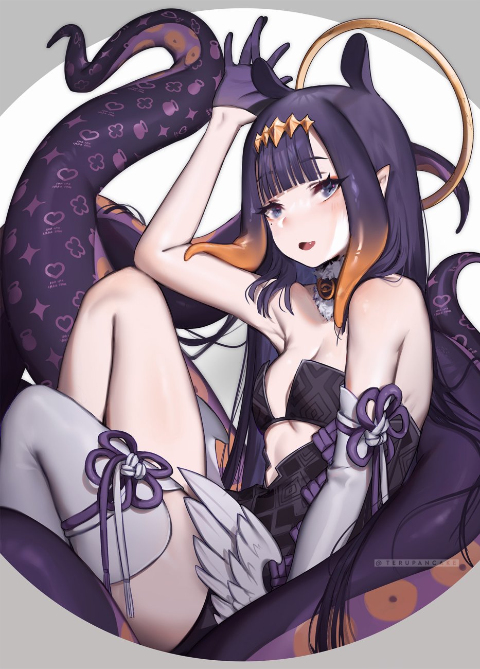 1girl arm_up bangs bare_shoulders blunt_bangs breasts commentary detached_collar fang gloves half_gloves halo highres hololive hololive_english looking_at_viewer low_wings mole mole_under_eye ninomae_ina'nis open_mouth pointy_ears purple_hair single_thighhigh small_breasts solo symbol_commentary tentacles terupancake thigh-highs violet_eyes virtual_youtuber white_legwear white_wings wings