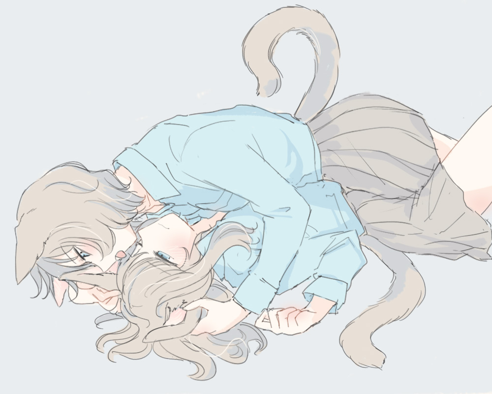 2girls animal_ears blue_eyes blue_shirt blush cat_ears cat_girl cat_tail closed_mouth collared_shirt commentary_request cowboy_shot face_licking girl_on_top grey_background grey_hair grey_skirt hand_in_another's_hair licking long_hair long_sleeves lying multiple_girls nekoya_saki on_back open_collar open_mouth original playing_with_another's_ears pleated_skirt shirt shirt_tucked_in short_hair simple_background skirt tail yuri