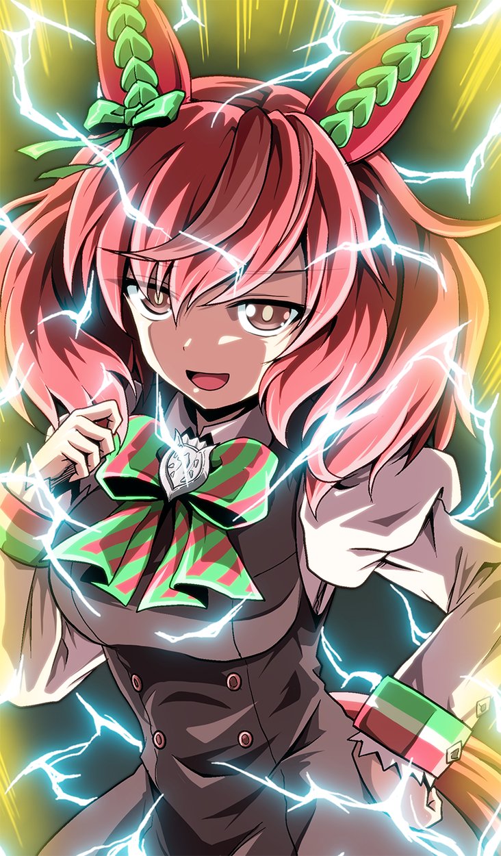 1girl animal_ears aura bangs black_dress brown_eyes brown_hair diagonal_stripes dragon_ball dragon_ball_z dress ear_covers electricity eyebrows_visible_through_hair green_neckwear hand_on_hip highres horse_ears horse_girl horse_tail juliet_sleeves kamishima_kanon long_sleeves looking_at_viewer medium_hair nice_nature_(umamusume) open_mouth puffy_sleeves red_neckwear smile solo striped super_saiyan super_saiyan_2 tail twintails two-tone_neckwear umamusume wing_collar