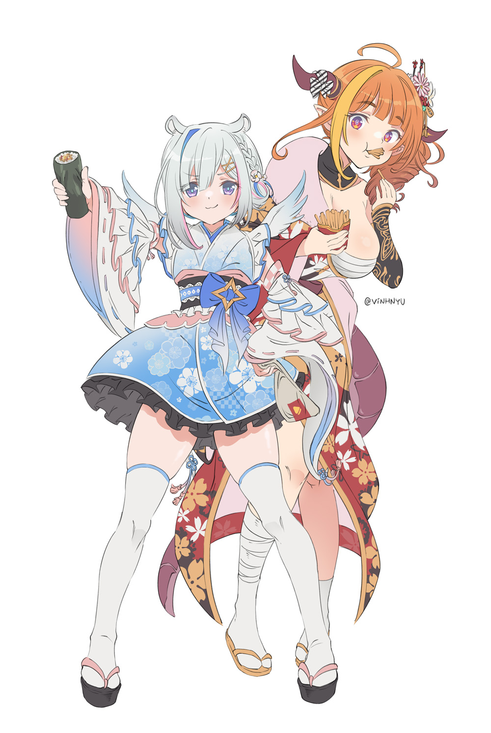2girls :t amane_kanata angel angel_wings animal_ears asymmetrical_hair bandaged_leg bandages bangs blonde_hair blue_eyes blue_hair blue_kimono blue_wings blunt_bangs blush bow breasts closed_mouth colored_inner_hair detached_collar detached_sleeves diagonal-striped_bow dragon_girl dragon_horns dragon_tail drill_hair eating ehoumaki eyebrows_visible_through_hair eyes_visible_through_hair feathered_wings floral_print flower food food_in_mouth french_fries frilled_sleeves frills full_body gradient gradient_wings hair_between_eyes hair_flower hair_ornament hair_over_shoulder hair_stick hamster_ears highres holding holding_food hololive horn_bow horns japanese_clothes kimono kiryu_coco large_breasts logo lolita_fashion long_sleeves looking_at_viewer makizushi multicolored multicolored_eyes multicolored_hair multicolored_wings multiple_girls obi off_shoulder official_alternate_costume okobo orange_hair pink_hair pointy_ears red_eyes red_kimono ribbon-trimmed_sleeves ribbon_trim sandals sarashi sash short_hair side_bun side_drill side_ponytail sidelocks silver_hair simple_background single_hair_intake sleeveless sleeveless_kimono smile smug standing streaked_hair striped striped_bow sushi tabi tail twitter_username vinhnyu violet_eyes virtual_youtuber wa_lolita white_background white_wings wide_sleeves wings x_hair_ornament yukata zouri