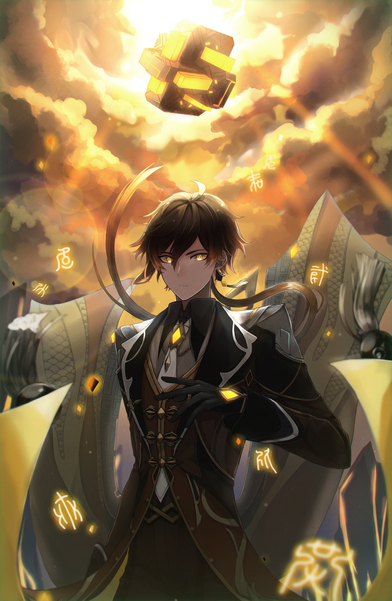 1boy bangs black_gloves black_hair blurry blurry_background brown_hair chinese_clothes chinese_text clouds cloudy_sky coattails collared_shirt diamond-shaped_pupils diamond_(shape) earrings eyeliner eyeshadow floating floating_object formal genshin_impact gloves glowing gradient_hair hair_between_eyes hair_tie hand_up highres jacket jewelry kon_114sk light light_rays long_hair long_pants long_sleeves looking_at_viewer makeup male_focus meteor mountain multicolored_hair necktie orange_hair outdoors pants ponytail red_eyeshadow ring shadow shirt sidelocks single_earring sky solo suit symbol-shaped_pupils tassel tassel_earrings thumb_ring toned toned_male vest yellow_eyes zhongli_(genshin_impact)