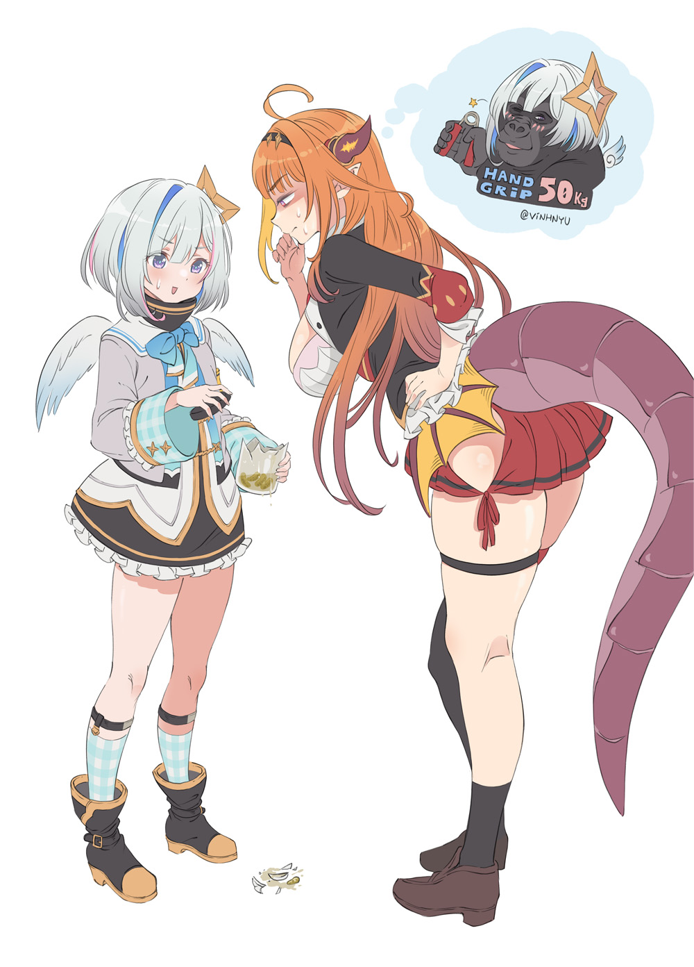 2girls ahoge amane_kanata angel angel_wings bangs black_footwear black_hairband black_jacket blonde_hair blue_eyes blue_hair blue_neckwear blue_wings blush boots bow bowtie breasts broken broken_glass brown_footwear cleavage_cutout clothing_cutout colored_inner_hair commentary_request dragon_girl dragon_horns dragon_tail eyebrows_visible_through_hair feathered_wings full_body gingham gingham_legwear glass glass_shards gorilla gradient gradient_wings grey_jacket grip_trainer hair_between_eyes hairband halo hand_on_hip hand_on_own_chin hand_up highres holding_jar hololive horns imagining jacket kiryu_coco large_breasts leaning_forward loafers long_hair long_sleeves looking_at_object miniskirt multicolored multicolored_hair multicolored_wings multiple_girls one_eye_closed orange_hair pickle pink_hair pleated_skirt pointy_ears red_skirt sailor_collar shoes short_hair side-tie_skirt sidelocks silver_hair simple_background single_hair_intake single_thighhigh skirt sock_garters standing star_(symbol) star_halo streaked_hair sweat sweatdrop sweating_profusely tail thigh-highs thigh_strap thought_bubble turtleneck twitter_username very_long_hair vinhnyu virtual_youtuber white_background white_wings wide_sleeves wings