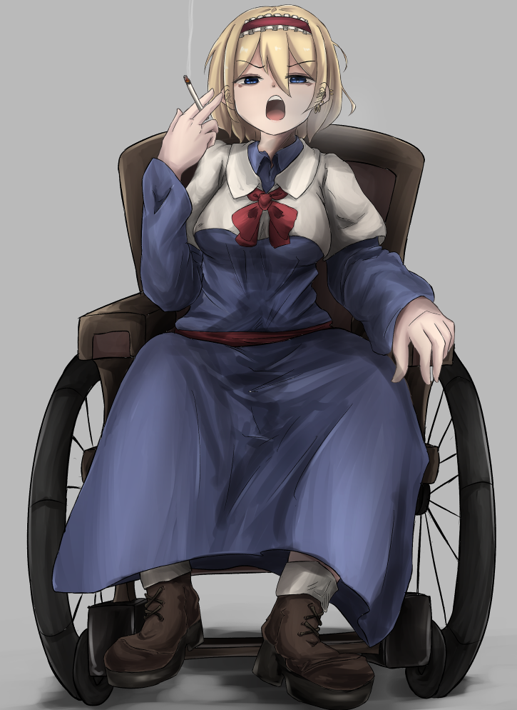 1girl alice_margatroid bangs blonde_hair blue_dress blue_eyes boots breasts brown_footwear cigarette commentary_request cookie_(touhou) dress eyebrows_visible_through_hair frilled_hairband frills full_body grey_background hair_between_eyes hairband holding holding_cigarette looking_at_viewer medium_breasts open_mouth red_hairband red_neckwear red_sash sash short_hair simple_background sitting smoking solo taisa_(cookie) touhou wadachi_(nicoseiga25631355) wheelchair