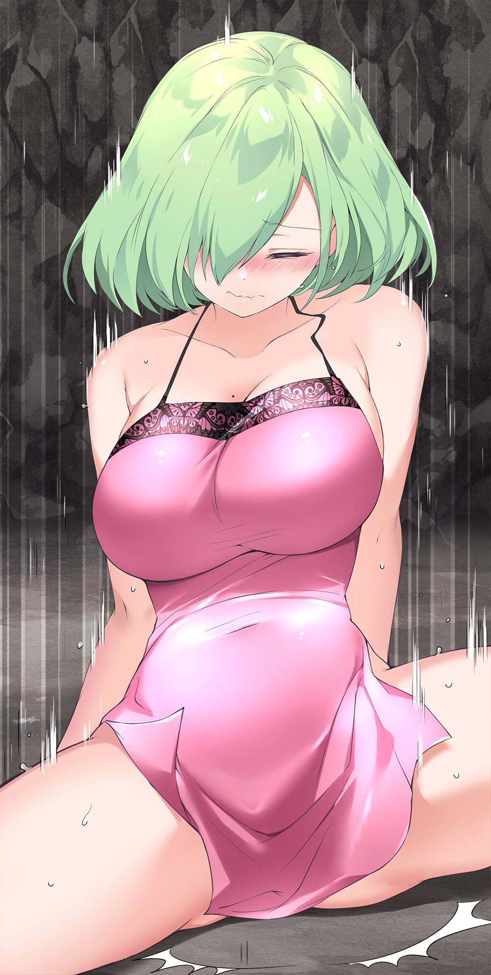 1girl belly blush breasts chinese_clothes closed_eyes collarbone covered_navel dress dudou fallen_down green_hair hair_over_one_eye highres lace_trim large_breasts legs_apart li_zhiheng light_green_hair livia_(my_harem_grew_so_large_i_was_forced_to_ascend) mole mole_on_breast motion_lines my_harem_grew_so_large_i_was_forced_to_ascend no_bra no_panties one_eye_covered pelvic_curtain pink_clothes shiny shiny_clothes short_hair side_slit thighs