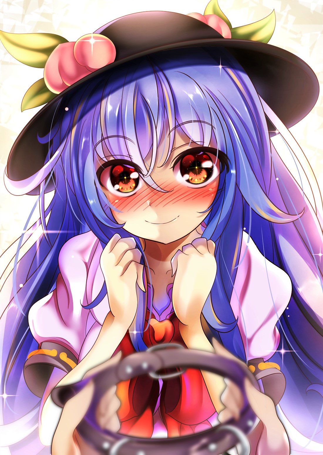 1girl bangs black_headwear blue_hair blush bow bowtie brown_eyes closed_mouth collar commentary_request eyebrows_visible_through_hair eyes_visible_through_hair food fruit giving hair_between_eyes hat highres hinanawi_tenshi kana_(user_rkuc4823) leaf long_hair looking_at_viewer masochism nose_blush peach pov puffy_short_sleeves puffy_sleeves red_bow shirt short_sleeves smile solo_focus sparkle touhou upper_body white_shirt