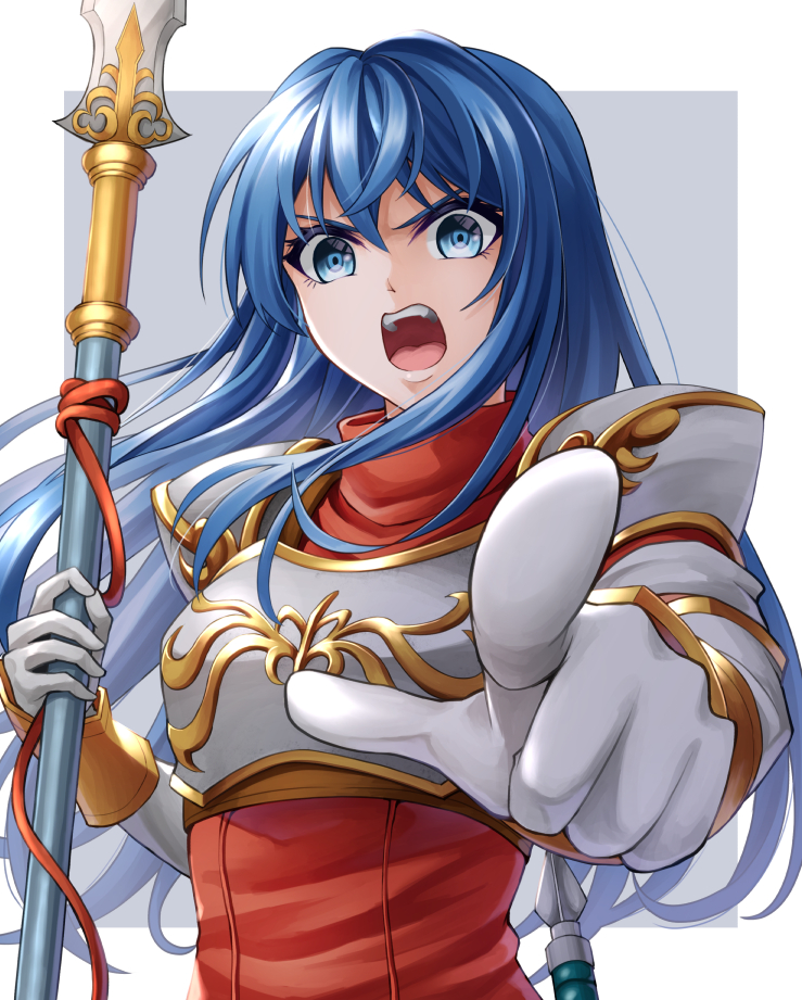 1girl angry armor blue_eyes blue_hair border breastplate caeda_(fire_emblem) fire_emblem fire_emblem:_mystery_of_the_emblem fire_emblem:_shin_ankoku_ryuu_to_hikari_no_tsurugi fire_emblem_11 fire_emblem_3 fire_emblem_shadow_dragon floating_hair gloves grey_background holding holding_spear holding_weapon index_finger_raised intelligent_systems long_hair looking_at_viewer nintendo open_mouth outside_border pointing pointing_at_viewer polearm sheeda shiny shiny_hair shoulder_armor solo spear ten_(tenchan_man) upper_body v-shaped_eyebrows very_long_hair weapon white_border white_gloves