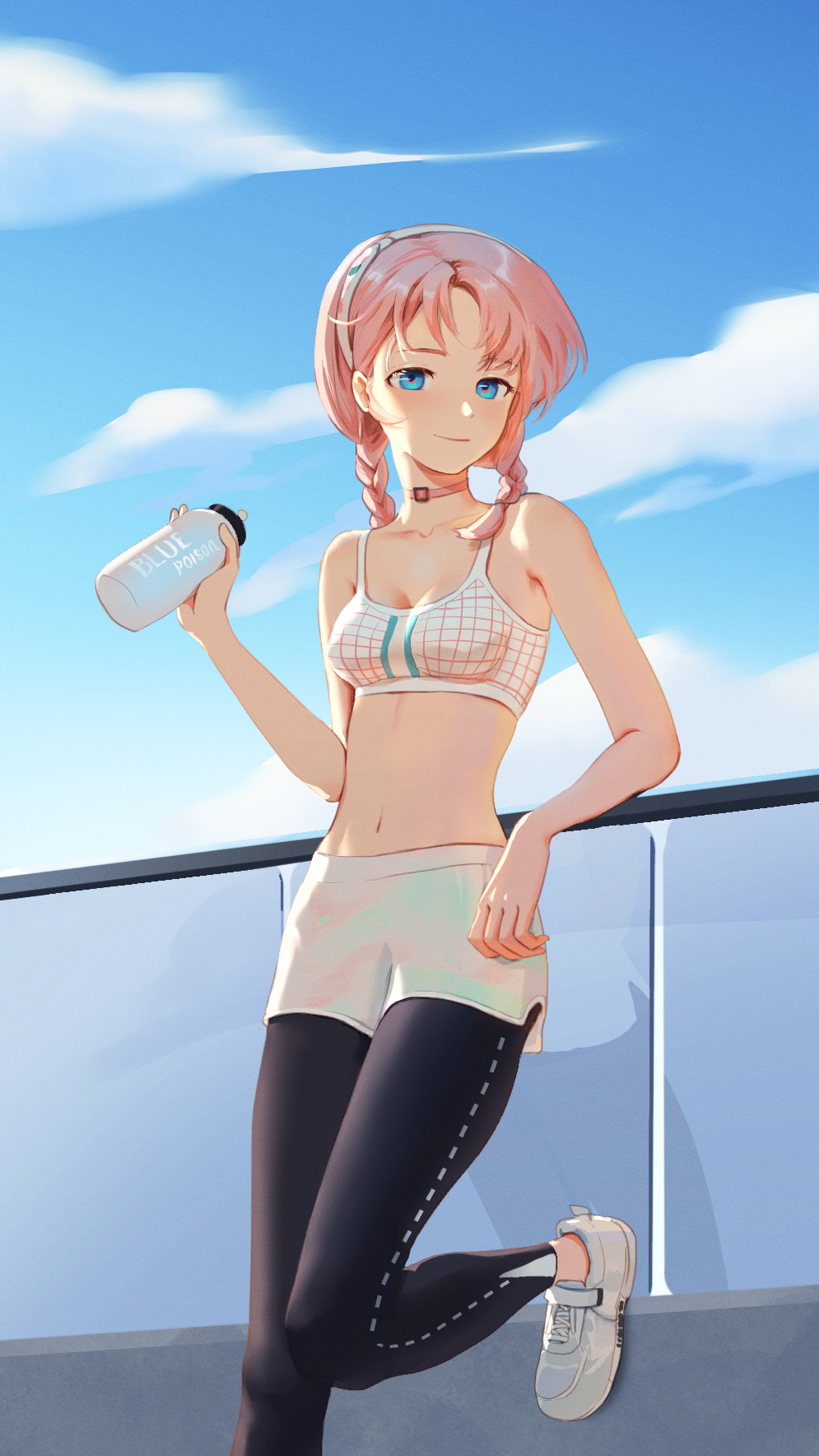 1girl arknights bare_arms black_pants blue_eyes blue_poison_(arknights) blue_poison_(shoal_beat)_(arknights) blue_sky bottle braid breasts character_name choker closed_mouth clouds commentary_request day english_text eyebrows_visible_through_hair hairband highres holding holding_bottle leaning_on_rail long_hair looking_at_viewer medium_breasts midriff navel official_alternate_costume outdoors pants pants_under_shorts phina_(jinahou) pink_choker pink_hair railing shoes shorts sky smile sneakers solo sports_bra twin_braids water_bottle white_footwear white_hairband white_shorts white_sports_bra yoga_pants